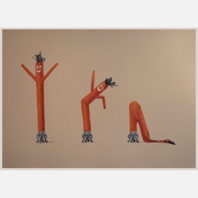 <em>Untitled (How to Do Nothing)</em> A drawing of three red wacky inflatable men