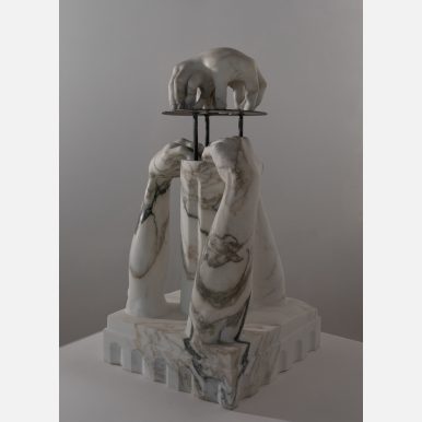 <em>Untitled (To Bear the Weight) #3</em></br> Marble sculpture titled Untitled (To Bear the Weight) #3 depicting arms merging with architectural elements.