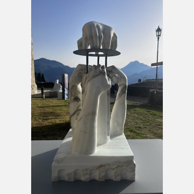 <em>Untitled (To Bear the Weight) #3 </em></br> Marble sculpture depicting hands including the artists hand with physical disabilities.