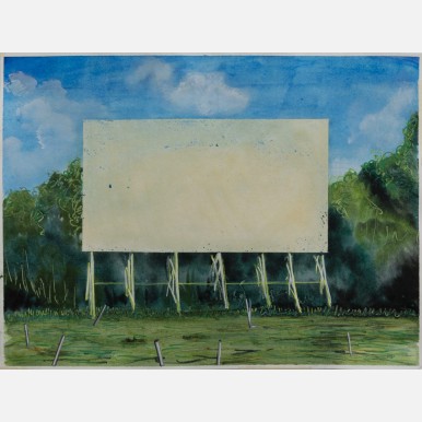 <em>Untitled (Billboard)</em> Watercolor painting of a blank billboard in a field