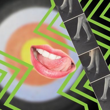 <em>Untitled (Legs, Lips, Lines) #1</em> Digital collage depicting a filmstrip of legs and a mouth with a tongue sticking out