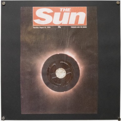 <em>Like a Record Baby</em> Collage depicting a solar eclipse with a record instead of a sun